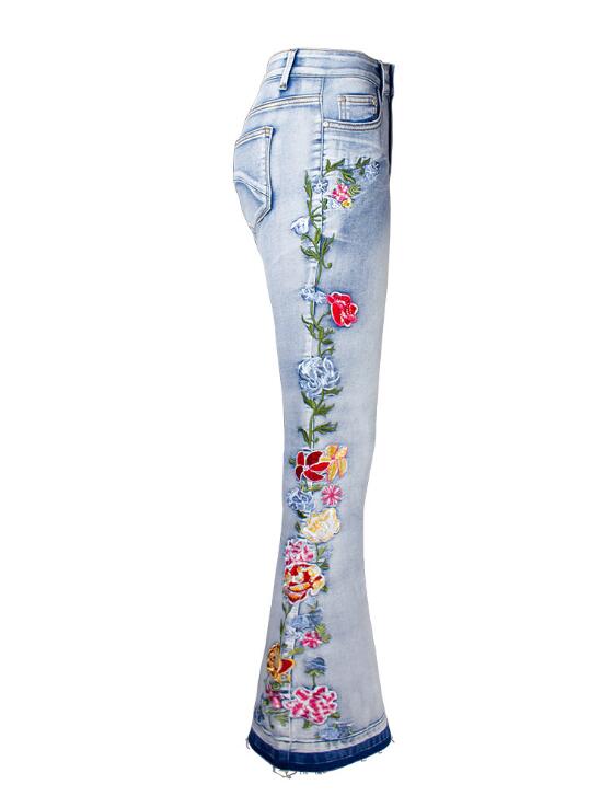 SZ60206 Flower Embroidery Denim Flared Pants in Blue